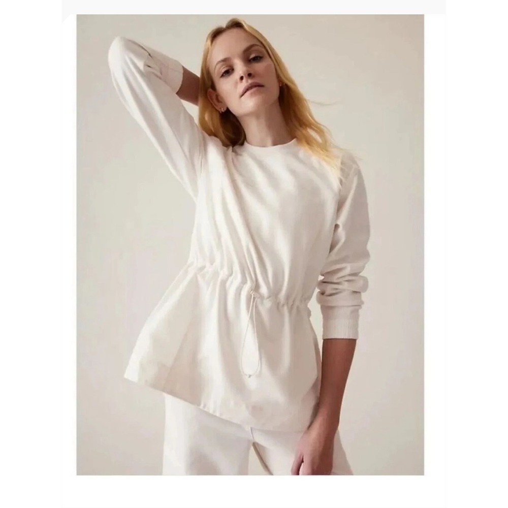 Athleta Cream Drawstring Waist Sweatshirt Crewneck Long Sleeve Top XS
